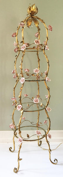 Italian Florentine Tole Gold Gilt Etagere With Porcelain Roses full view