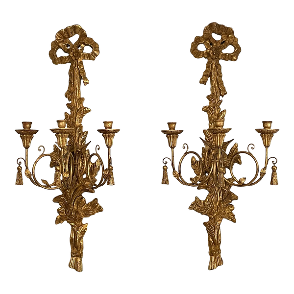 Italian Giltwood Louis XVI Style Carved 3-Arm Sconces
