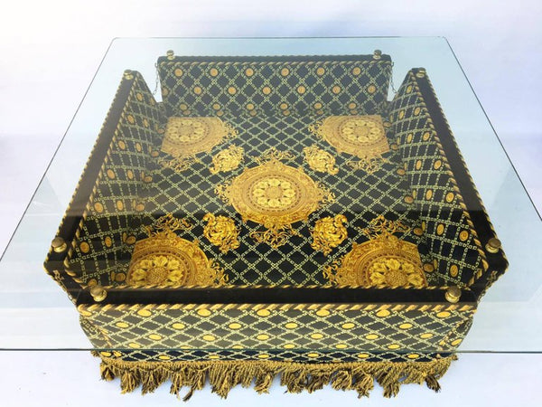 Italian Versace Style Velvet Knole Glass Coffee Table by Stefano Giovanni