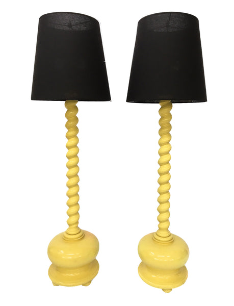 Pair of Yellow Spiral Twist Wood Floor Lamps