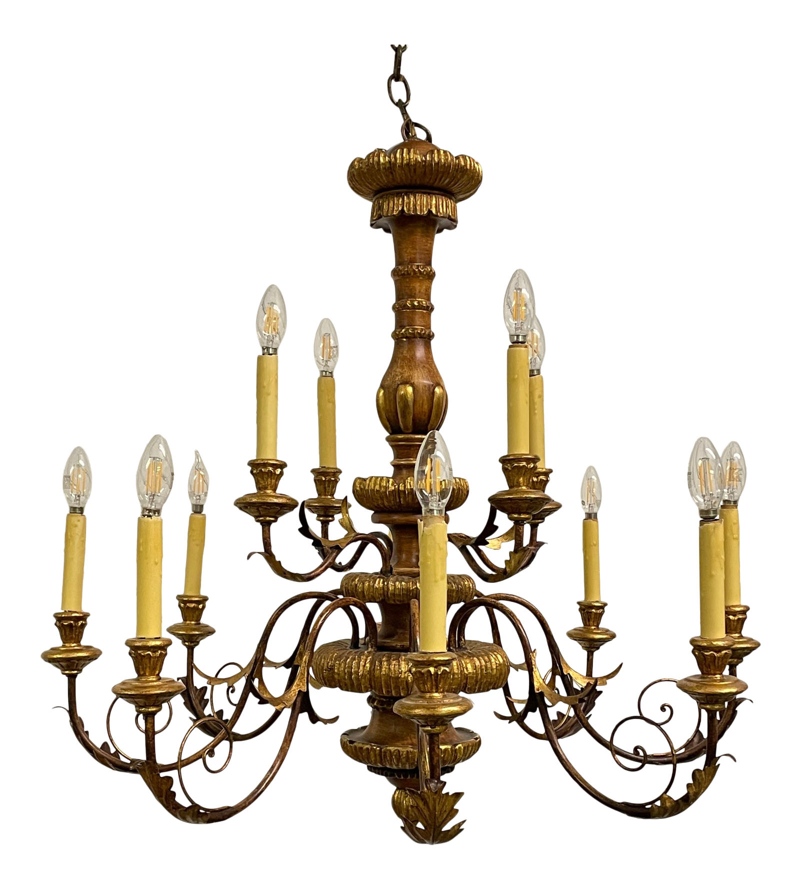 Large 12-Arm Tole and Wood Chandelier