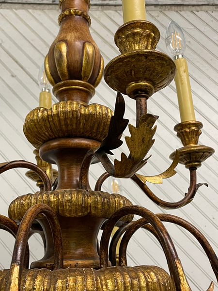 Large 12-Arm Tole and Wood Chandelier