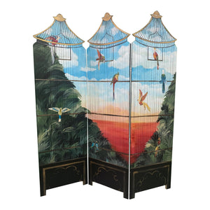 Large Hand Painted Birdcage 3 Panel Screen Room Divider