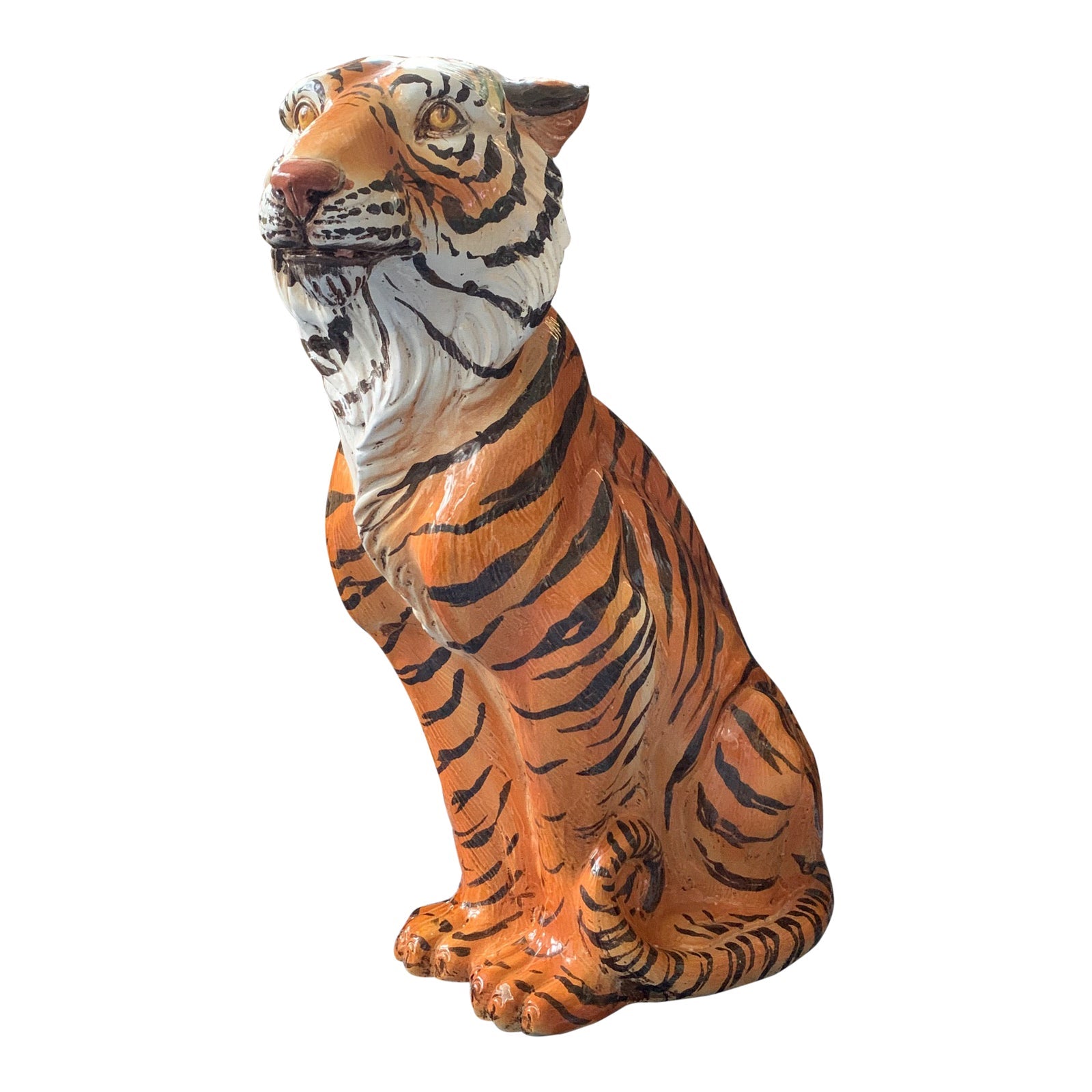 Large Mid Century Glazed Ceramic Tiger Statue