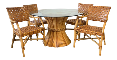 McGuire Rattan and Leather Dining Set, 4 Chairs and Sheaf of Wheat Table