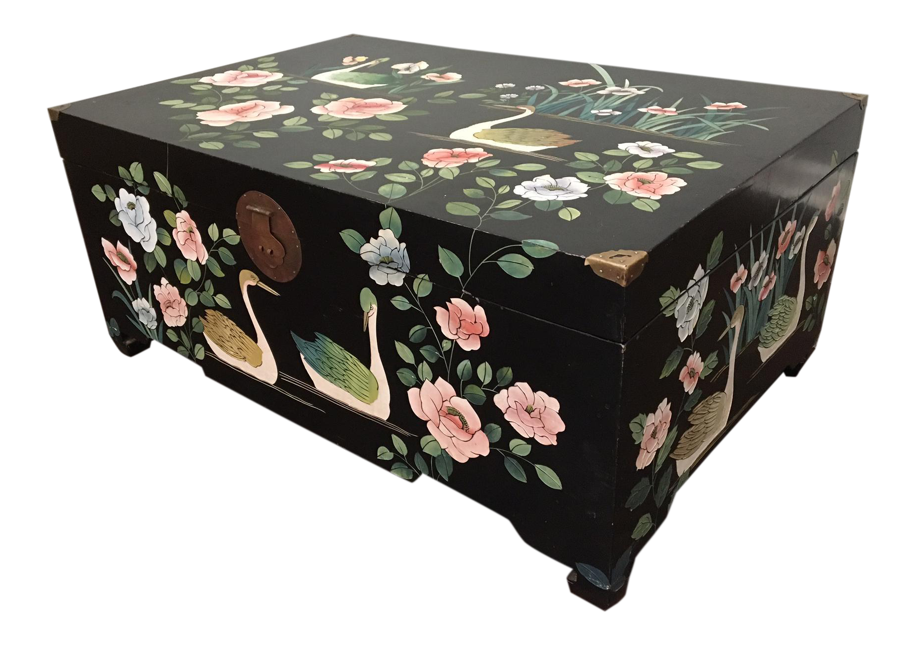 Mid Century Asian Chinoiserie Hand Painted Trunk