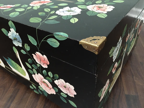 Mid Century Asian Chinoiserie Hand Painted Trunk corner view