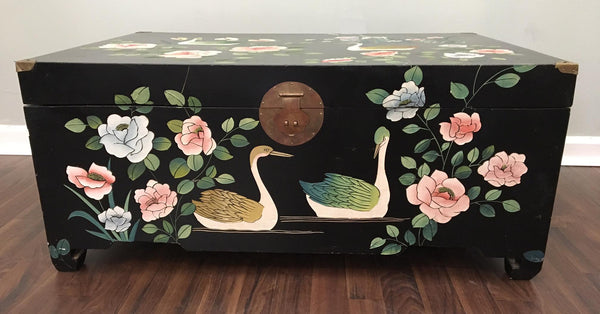 Mid Century Asian Chinoiserie Hand Painted Trunk front view