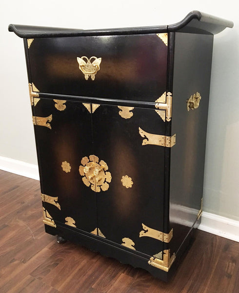 Mid Century Asian Chinoiserie Rolling Bar Cart / Server front view