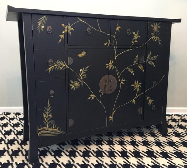 Mid Century Asian Hand Painted Server Credenza front view