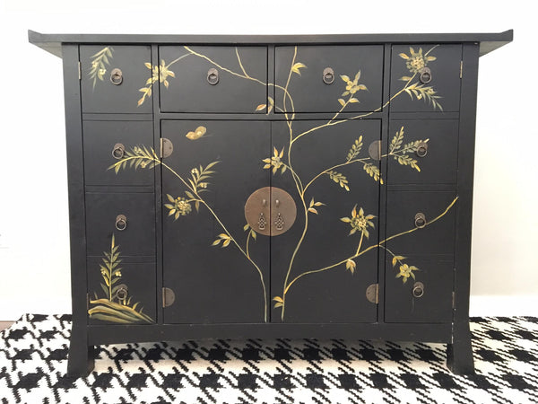 Mid Century Asian Hand Painted Server Credenza full view