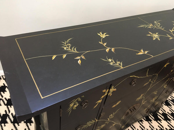 Mid Century Asian Hand Painted Server Credenza left side