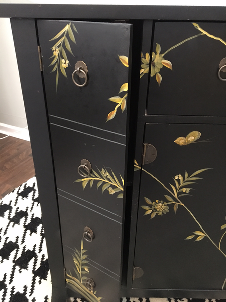 Mid Century Asian Hand Painted Server Credenza close up