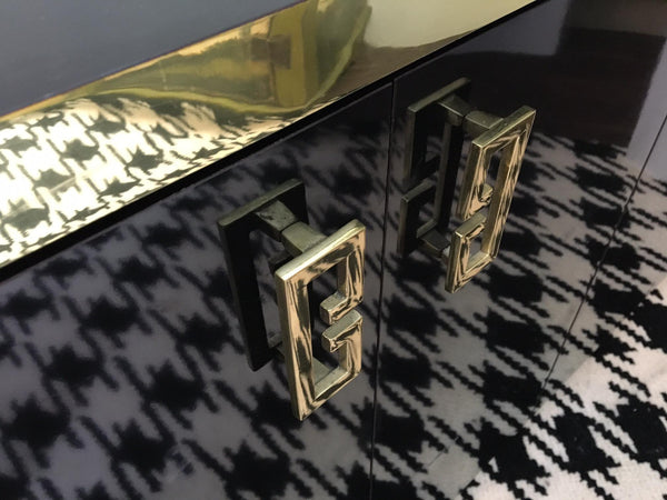 Mid Century Black Lacquer and Brass Asian Credenza close up