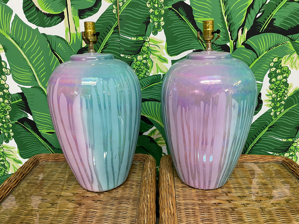 Mid Century Drip Glaze Table Lamps, a Pair front view
