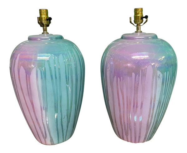 Mid Century Drip Glaze Table Lamps, a Pair