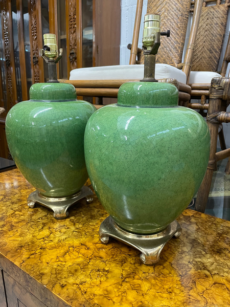 Mid Century Jade Ginger Jar Table Lamps on Brass Base, a Pair side view