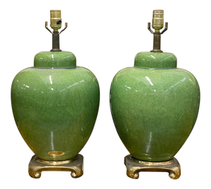 Mid Century Jade Ginger Jar Table Lamps on Brass Base, a Pair