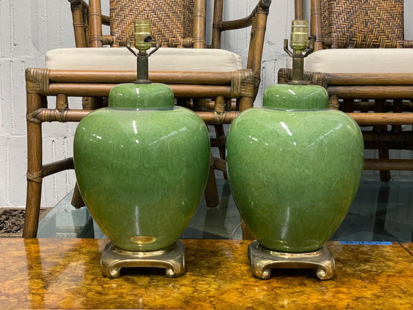 Mid Century Jade Ginger Jar Table Lamps on Brass Base, a Pair front view