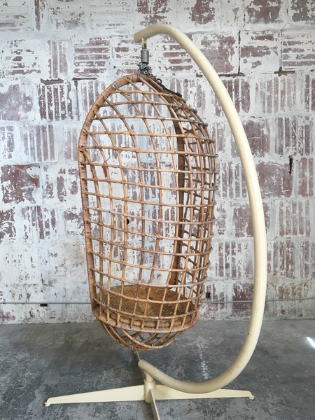 Mid Century Rattan Hanging Pod Chair With Stand