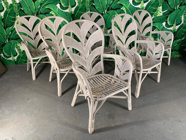 Mid Century Rattan Palm Tree Fan Back Chairs front view