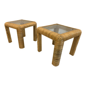 Mid Century Rattan Split Reed End Tables, a Pair