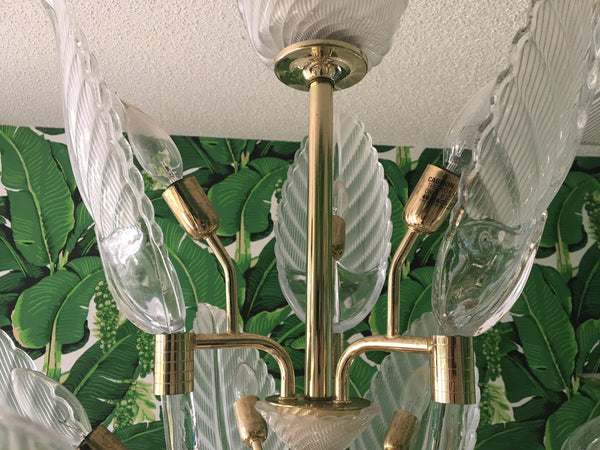 Murano Glass Palm Leaf Brass Chandelier