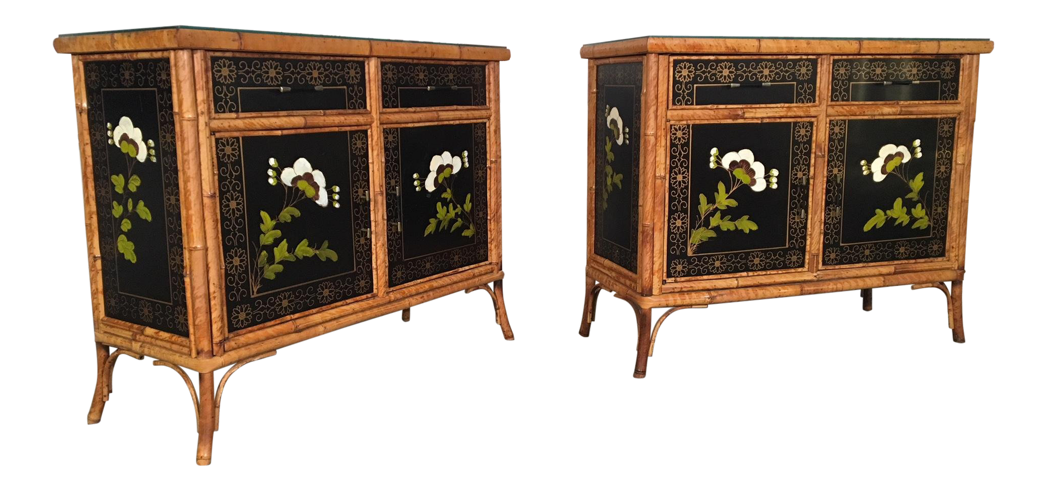 Asian Hand Painted Bamboo Cabinets 