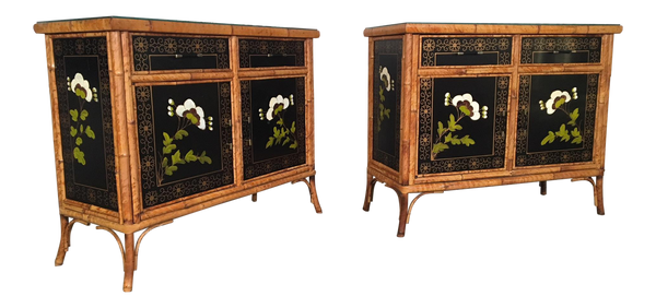 Asian Hand Painted Bamboo Cabinets 