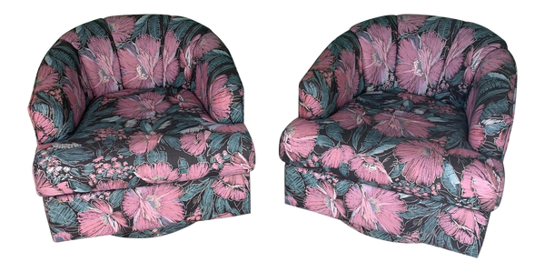 Pair of Channel Back Upholstered Swivel Club Chairs