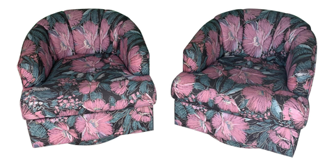 Pair of Channel Back Upholstered Swivel Club Chairs