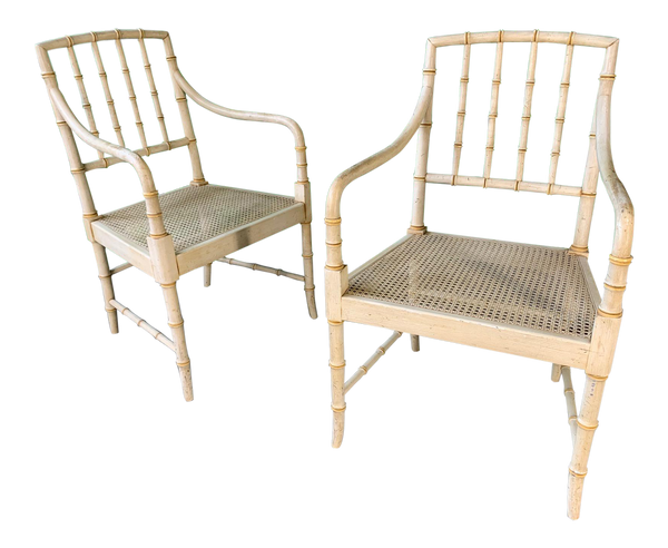 Pair of Faux Bamboo Cane Seat Arm Chairs