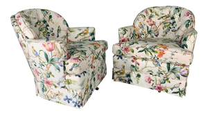Pair of Floral Upholstered Swivel Club Chairs
