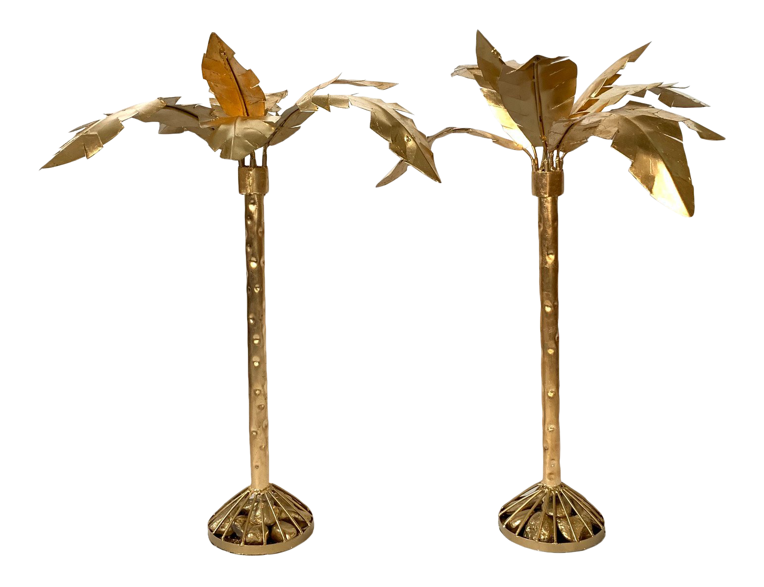 Pair of Hollywood Regency Gold Gilt Metal Palm Tree Sculptures