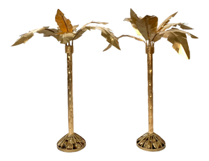 Pair of Hollywood Regency Gold Gilt Metal Palm Tree Sculptures