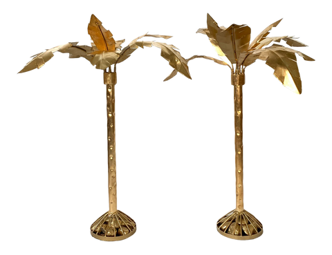 Pair of Hollywood Regency Gold Gilt Metal Palm Tree Sculptures