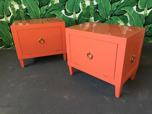 Pair of Hollywood Regency Lacquered Nightstands front view