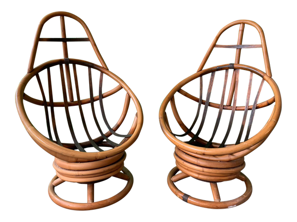 Pair of Mid Century Rattan Swivel Lounge Chairs