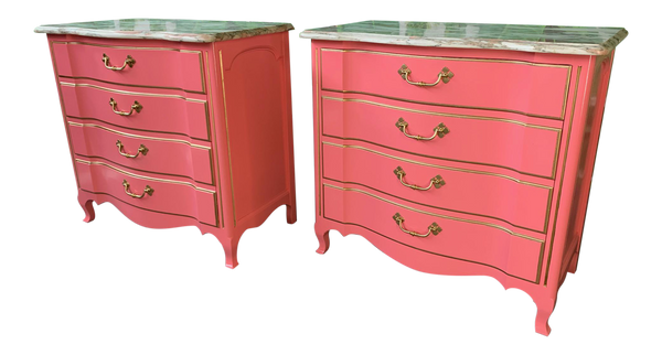 Pair of Pink Lacquered Marble-Top French Provincial Dressers by John Widdicomb