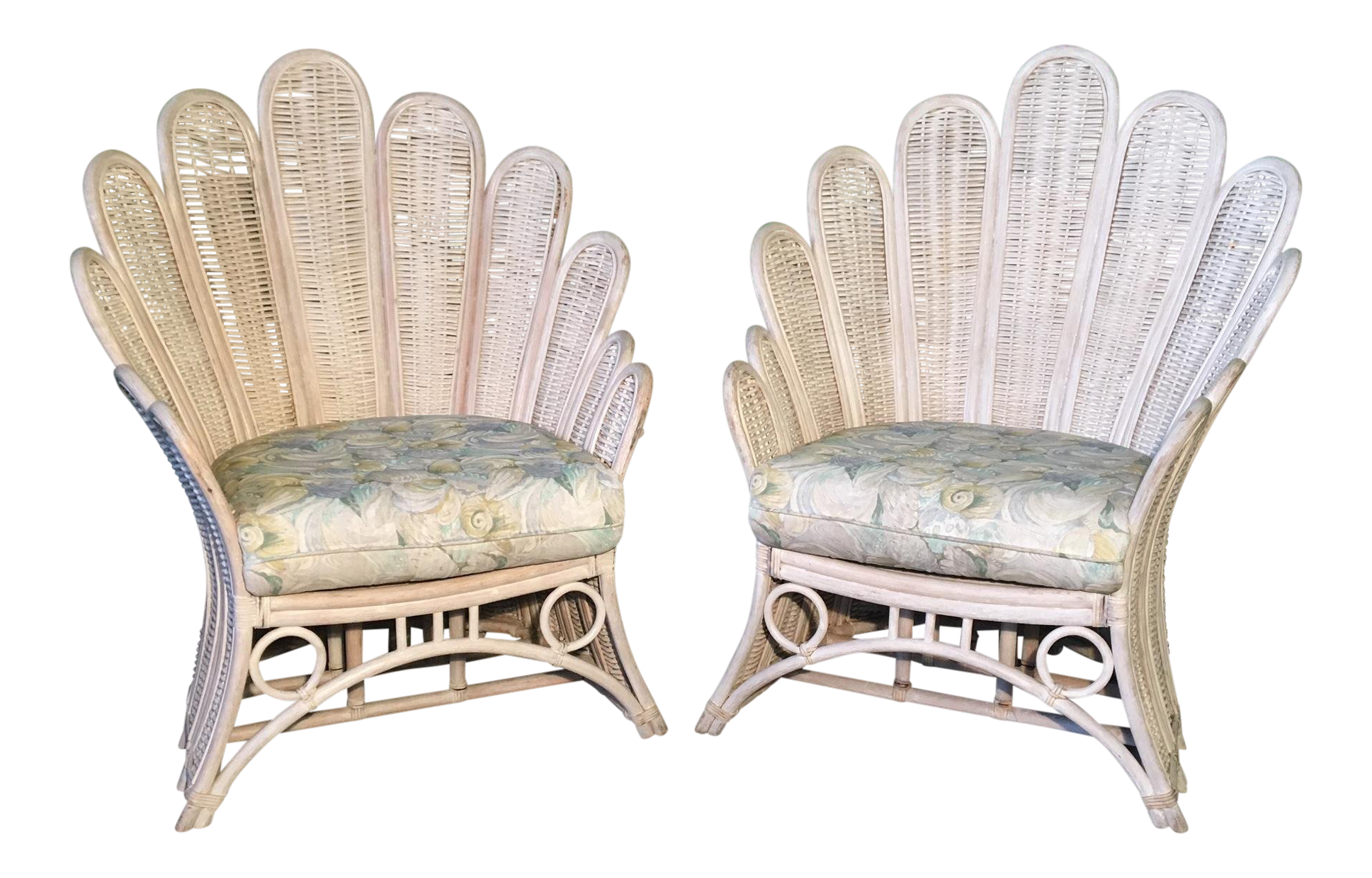 Pair of Rattan Wicker Peacock Fan Back Armchairs