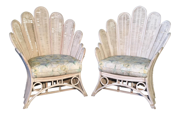 Pair of Rattan Wicker Peacock Fan Back Armchairs