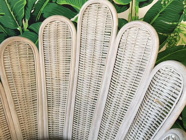 Pair of Rattan Wicker Peacock Fan Back Armchairs close up