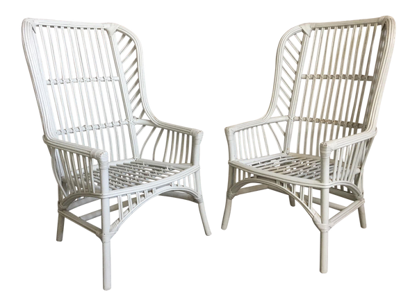 Pair of Vintage Ficks Reed Rattan High Back Chairs