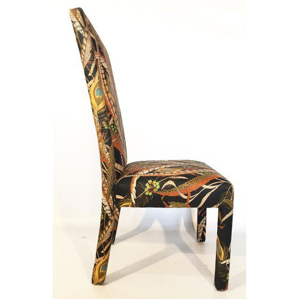 Set of 8 Peacock Print Upholstered Dining Chairs After Milo Baughman