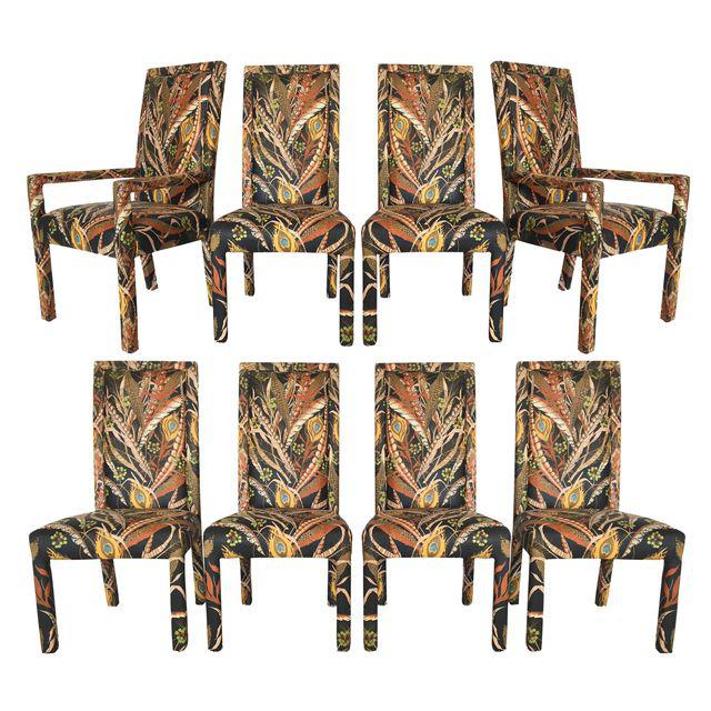 Set of 8 Peacock Print Upholstered Dining Chairs After Milo Baughman