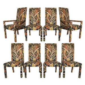 Set of 8 Peacock Print Upholstered Dining Chairs After Milo Baughman