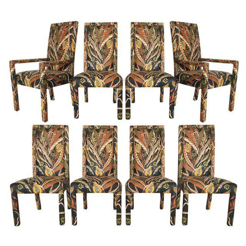 Set of 8 Peacock Print Upholstered Dining Chairs After Milo Baughman