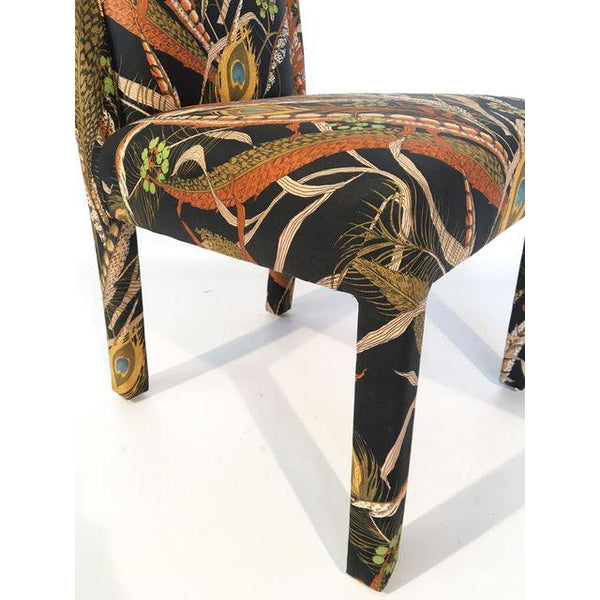 Set of 8 Peacock Print Upholstered Dining Chairs After Milo Baughman