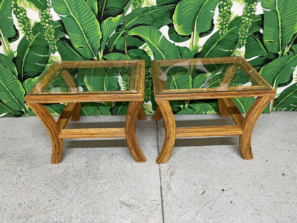 Pencil Reed Rattan and Glass End/Side Tables, a Pair top view