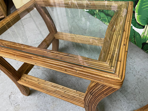 Pencil Reed Rattan and Glass End/Side Tables, a Pair close up